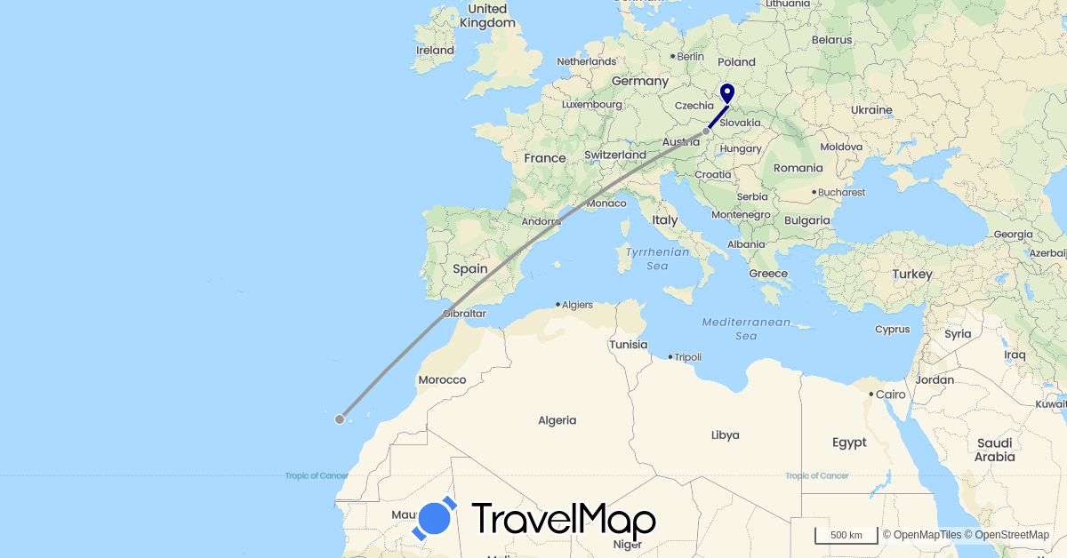 TravelMap itinerary: driving, plane in Austria, Czech Republic, Spain (Europe)